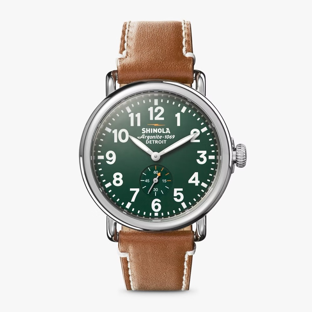 Shinola Green Runwell Watch with Brown Leather Strap